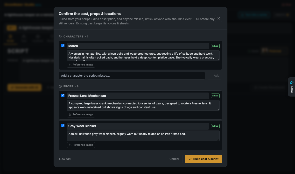 The Asset Review gate — confirm the cast, props and locations before anything renders