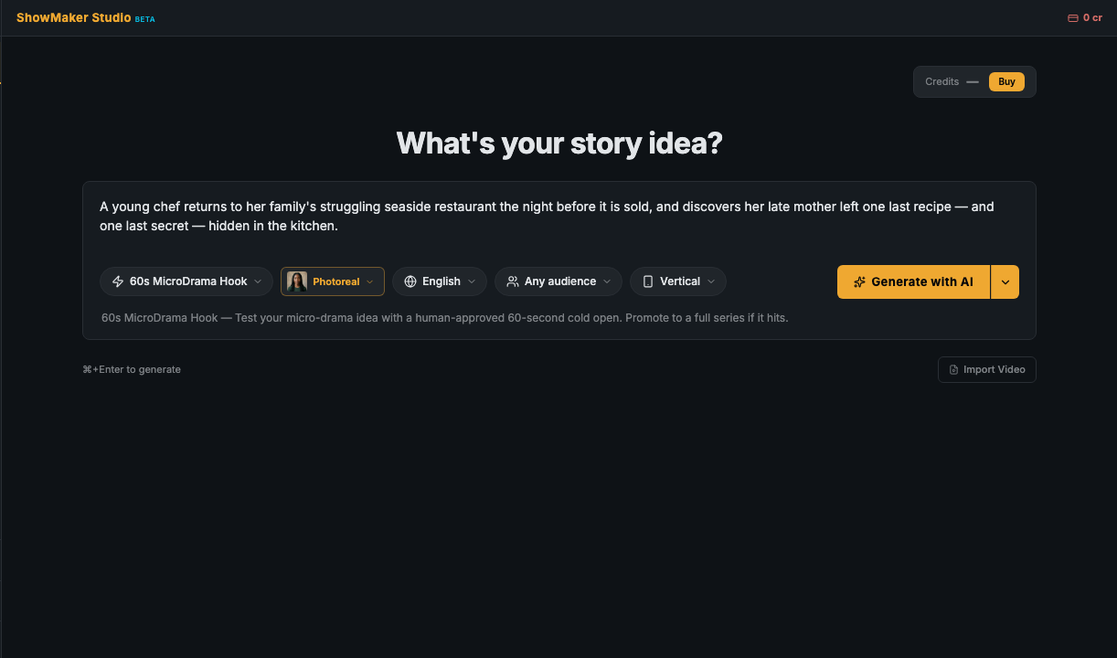 The dashboard create bar and its start-mode menu