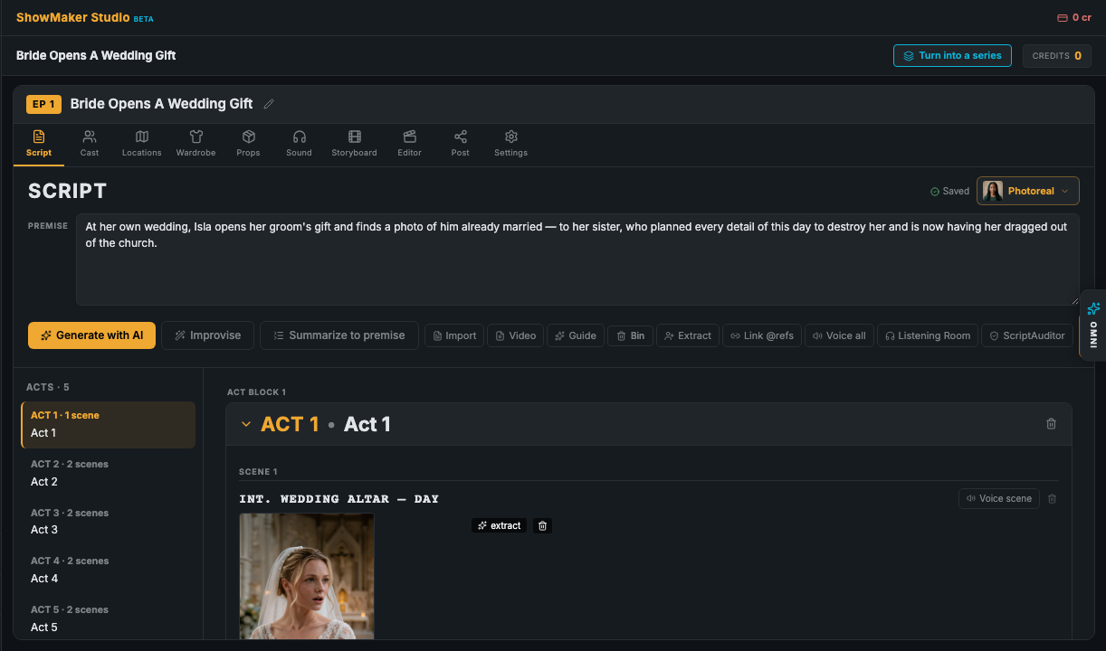 The Script page with the screenplay and toolbar