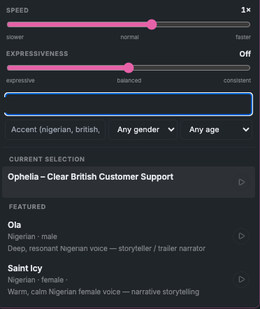 The voice picker, filtered by accent, language, gender, and age