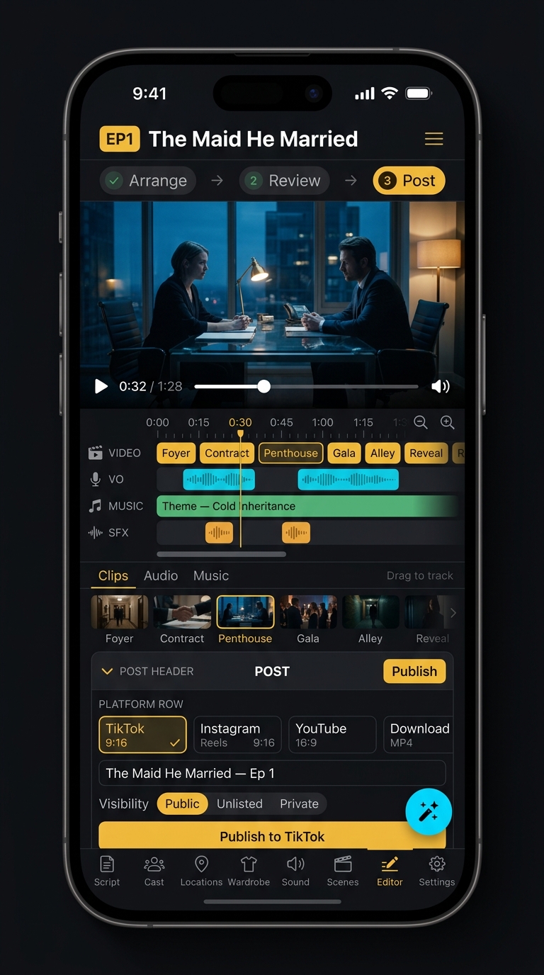 ShowMaker Studio editor — timeline, voice, music & cut